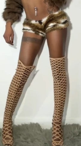 Brown Leather Over-the-knee Openwork Boots