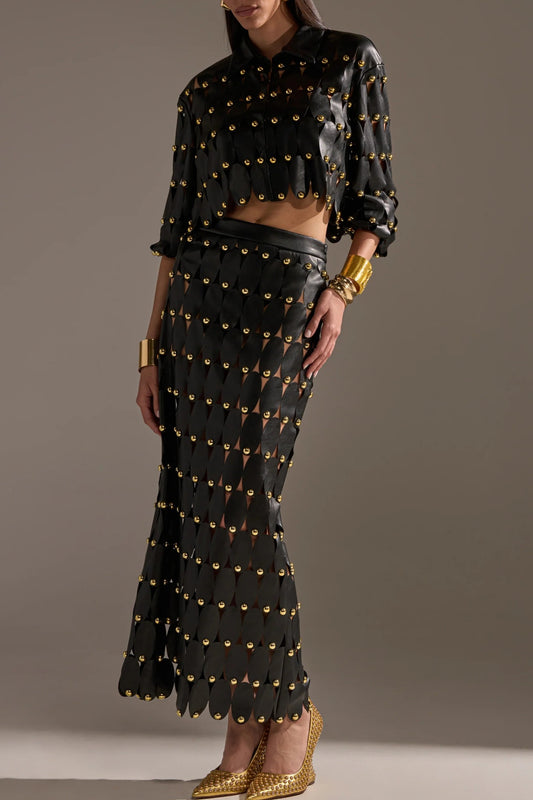 Black PU Leather Shirt And Skirt With Stud Embellishments.(Free shipping)