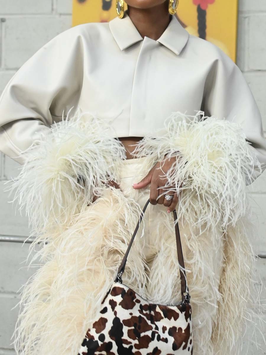 Feather Decoration Fashion Cropped Blazer & Pants（Free shipping）