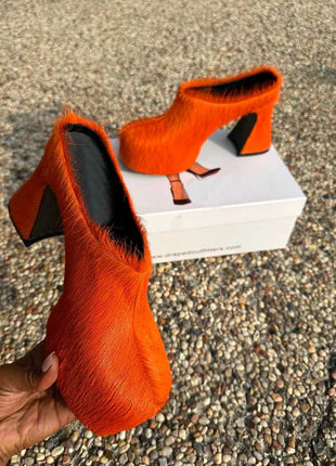 Long-haired Calfskin Slip-on High-heeled Mules