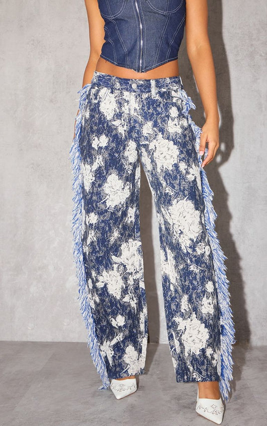 Blue Printed Jacquard Twill Tassel Side Trousers