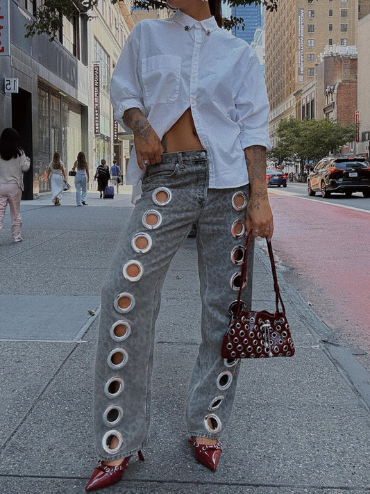 Hollowed Out Leopard Print Trousers