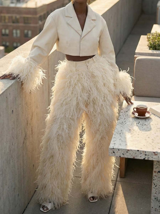 Feather Decoration Fashion Cropped Blazer & Pants（Free shipping）