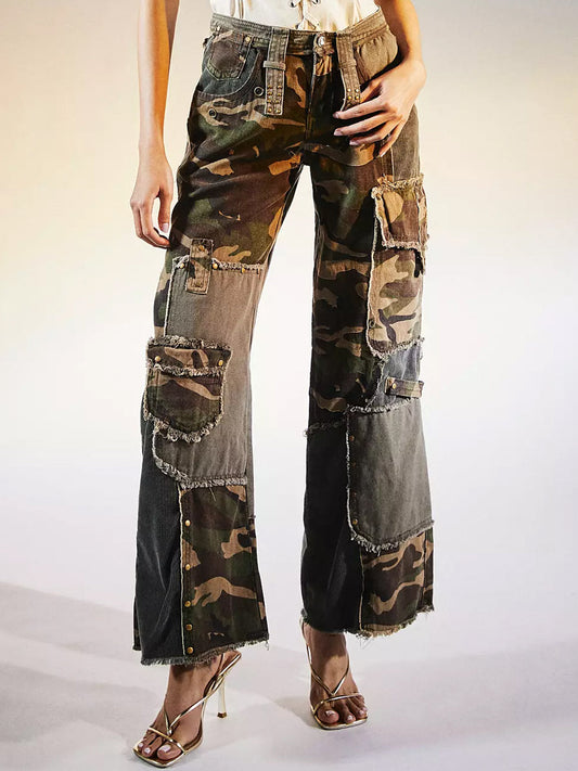 Camouflage Print Patchwork Distressed Trousers