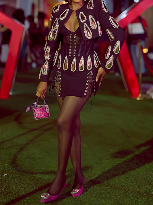 Shinny Eyelet Detail Two Pieces Dress（Free shipping）