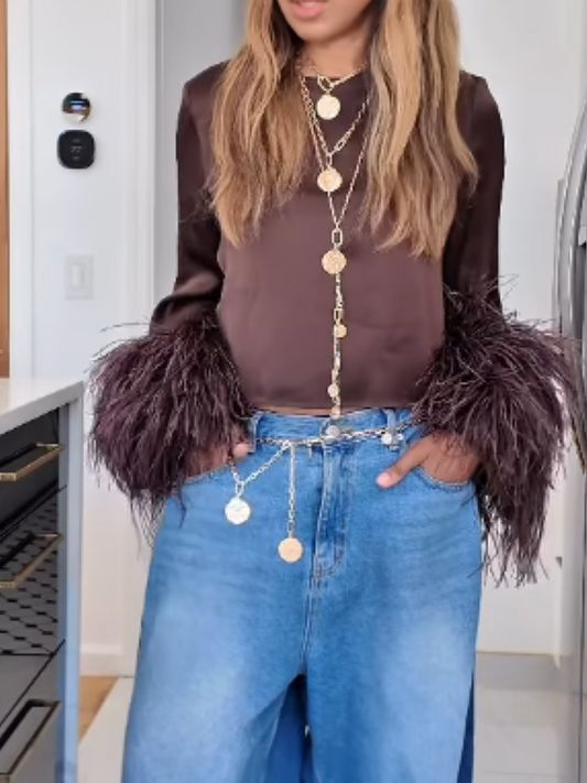 Solid Color Fringed Cuff Top