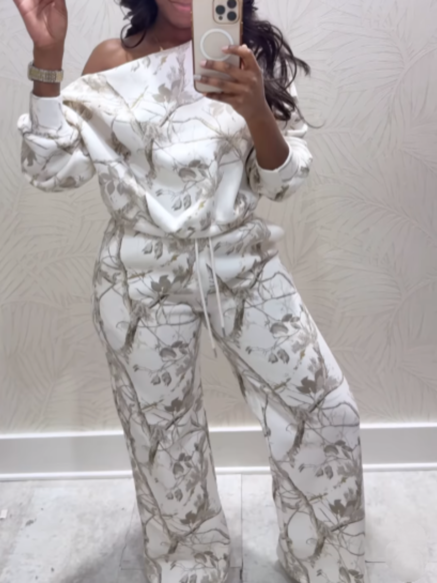 Printed Off-Shoulder Pants Set