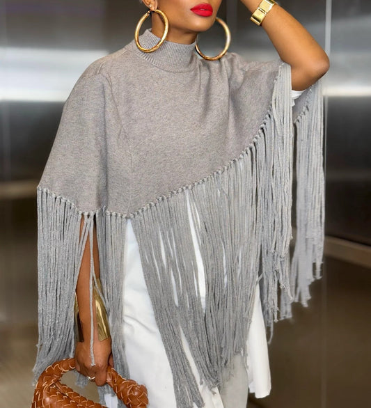 Grey fringed shawl