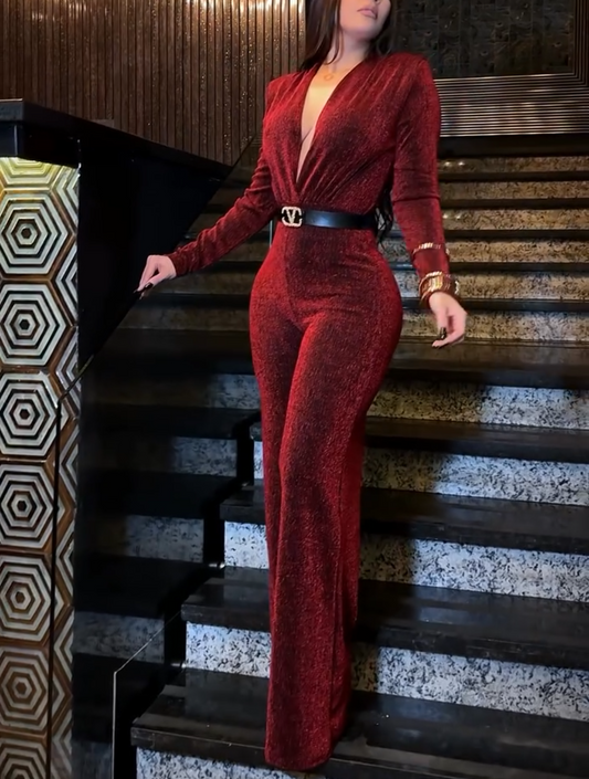 Deep V-neck velvet jumpsuit