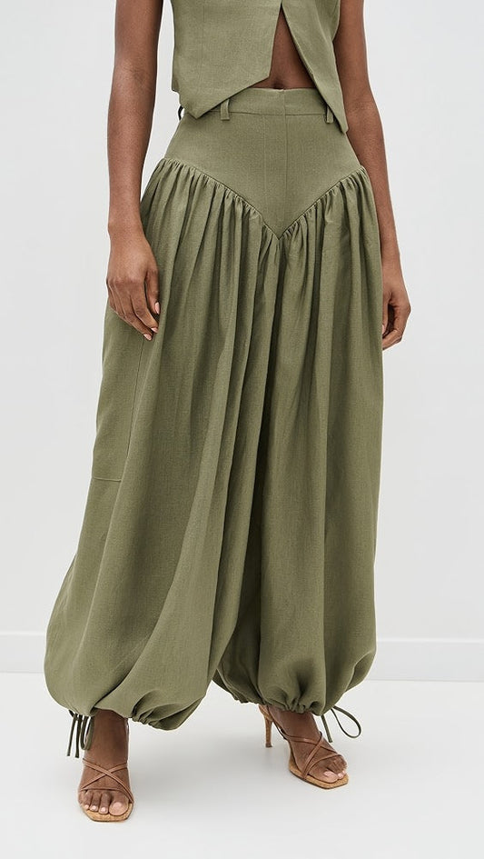 Green Loose And Comfortable Flower Bud Pants