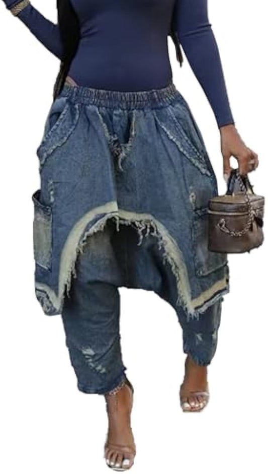 Women's Denim Harem Pants Irregular Hem Loose Hole Wide Leg