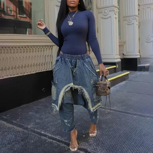 Women's Denim Harem Pants Irregular Hem Loose Hole Wide Leg