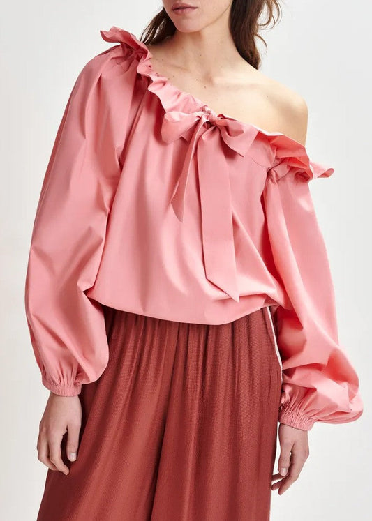 Pink Ruffle Collar Bow Long-sleeved Shirt
