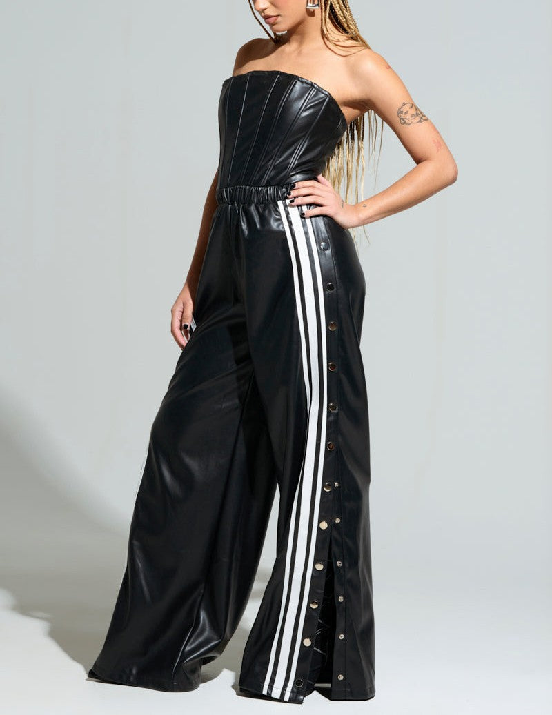 PU Leather Button Jumpsuit