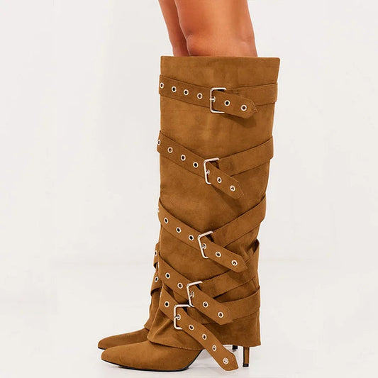 Vegan Suede Stiletto Heel Grommet Strap Knee Fold Over Boots in Tan