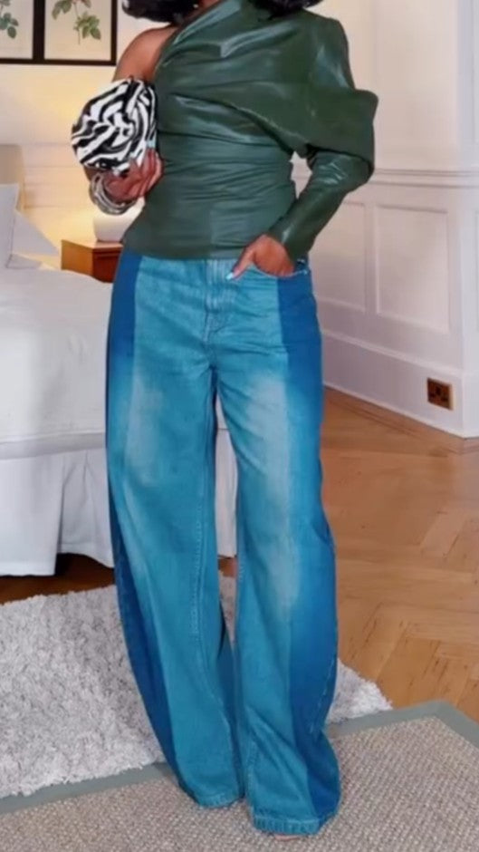 Green Off-shoulder Leather Jacket Irregular