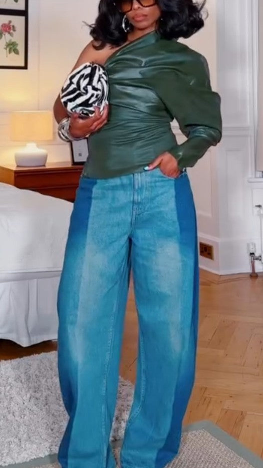 Green Off-shoulder Leather Jacket Irregular