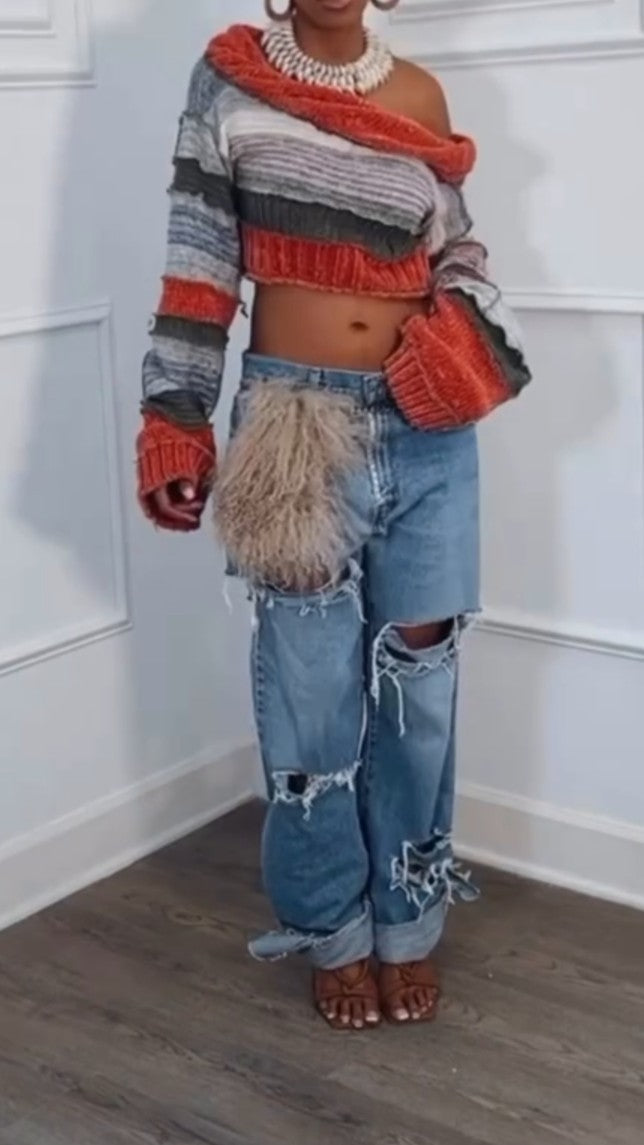 Colorful Knitted One-shoulder Sweater