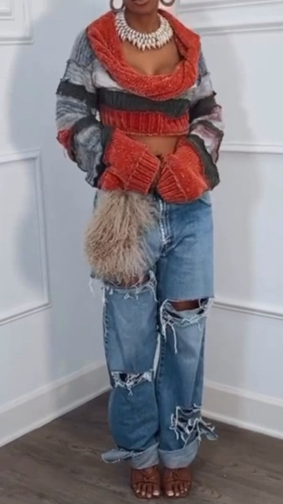 Colorful Knitted One-shoulder Sweater