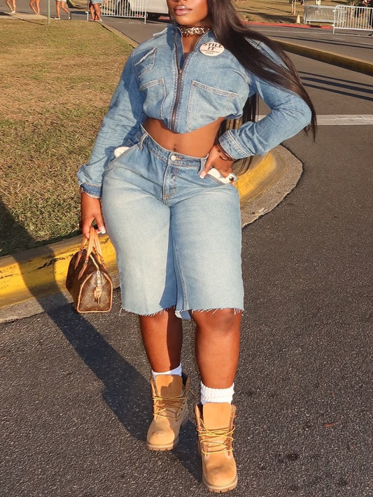 Denim Suit With Shorts And Casual Jacket