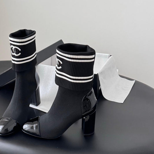 Double-C Patent Leather Knitted Ankle Boots