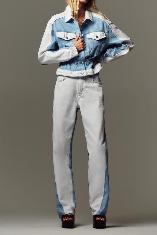 Mixed Denim Suit With Blue And White Contrast