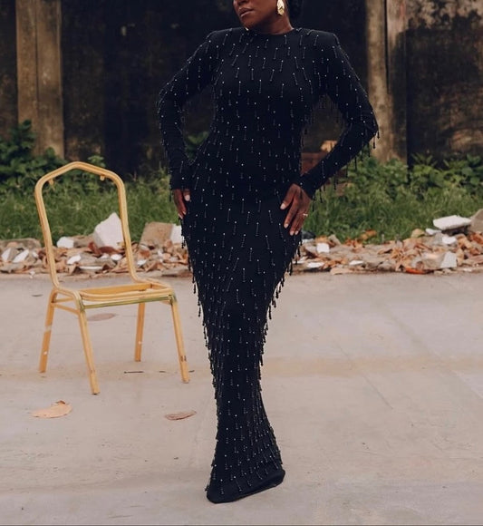 Black Beaded Tassel Maxi Dress