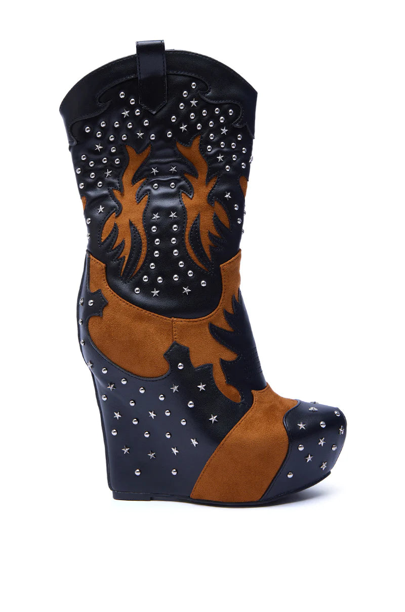 Black Multi-colored Western Wedge Ankle Boots