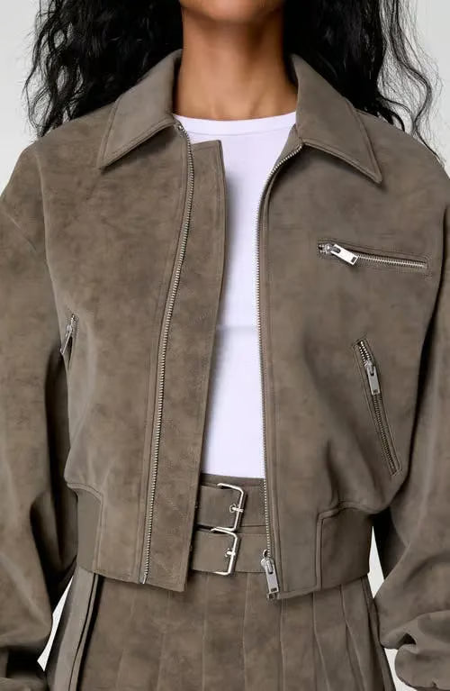 Brown Faux Suede Bomber Jacket Suit（Free shipping）