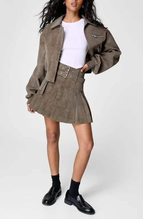 Brown Faux Suede Bomber Jacket Suit（Free shipping）