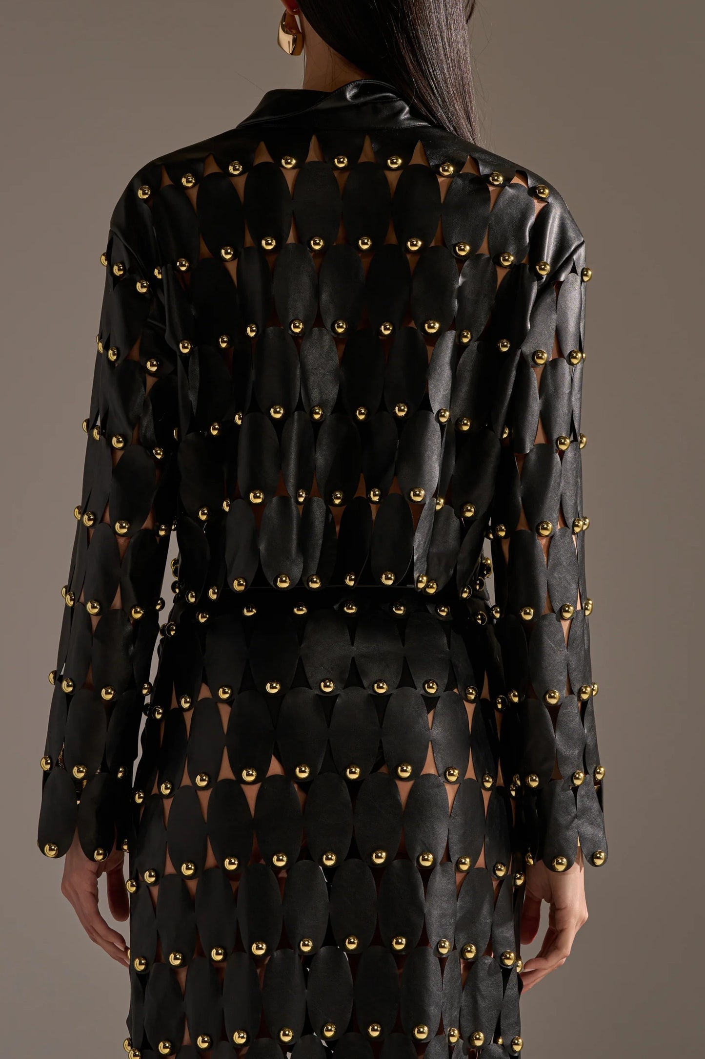 Black PU Leather Shirt And Skirt With Stud Embellishments.（Free shipping）