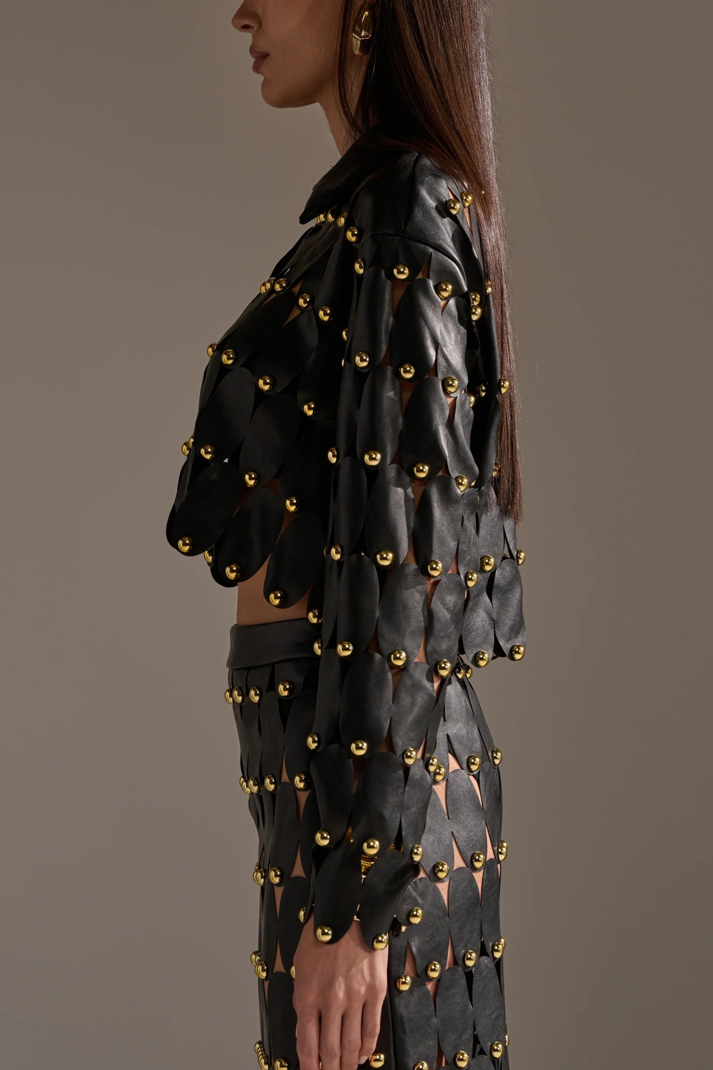 Black PU Leather Shirt And Skirt With Stud Embellishments.（Free shipping）