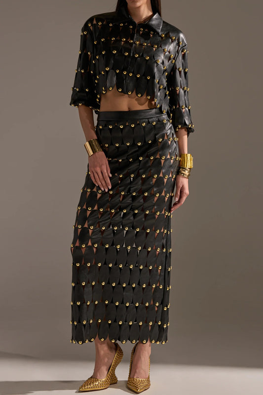 Black PU Leather Shirt And Skirt With Stud Embellishments.（Free shipping）