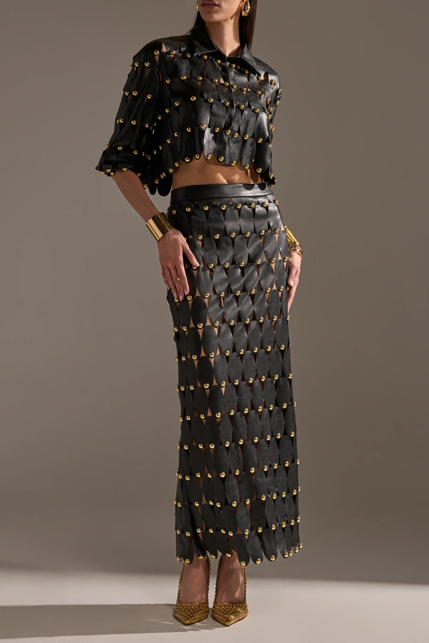 Black PU Leather Shirt And Skirt With Stud Embellishments.（Free shipping）