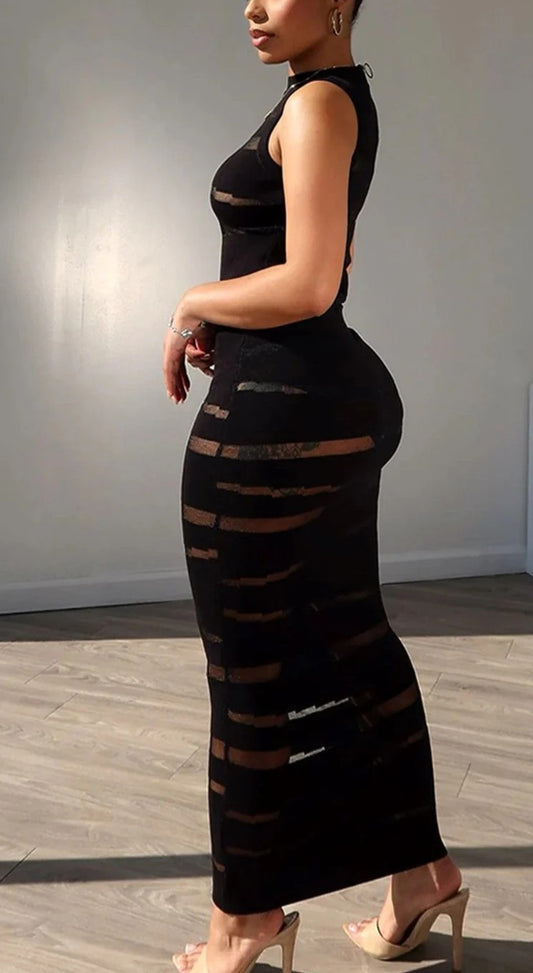 Black Openwork Sleeveless Knitted Long Dress