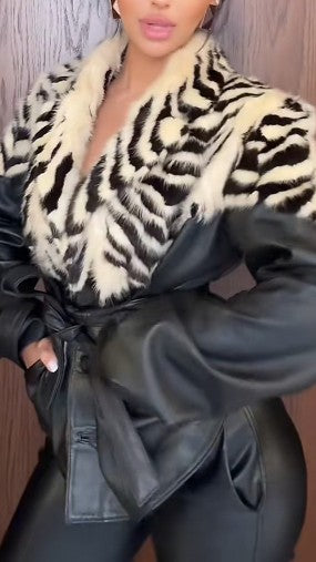 Fur-trimmed Jacket With Black And White Color Blocking.