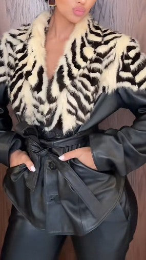 Fur-trimmed Jacket With Black And White Color Blocking.
