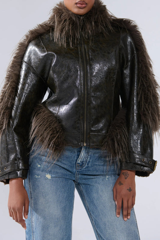 Leather Jacket With Fur Trim And Tassels（Free shipping）