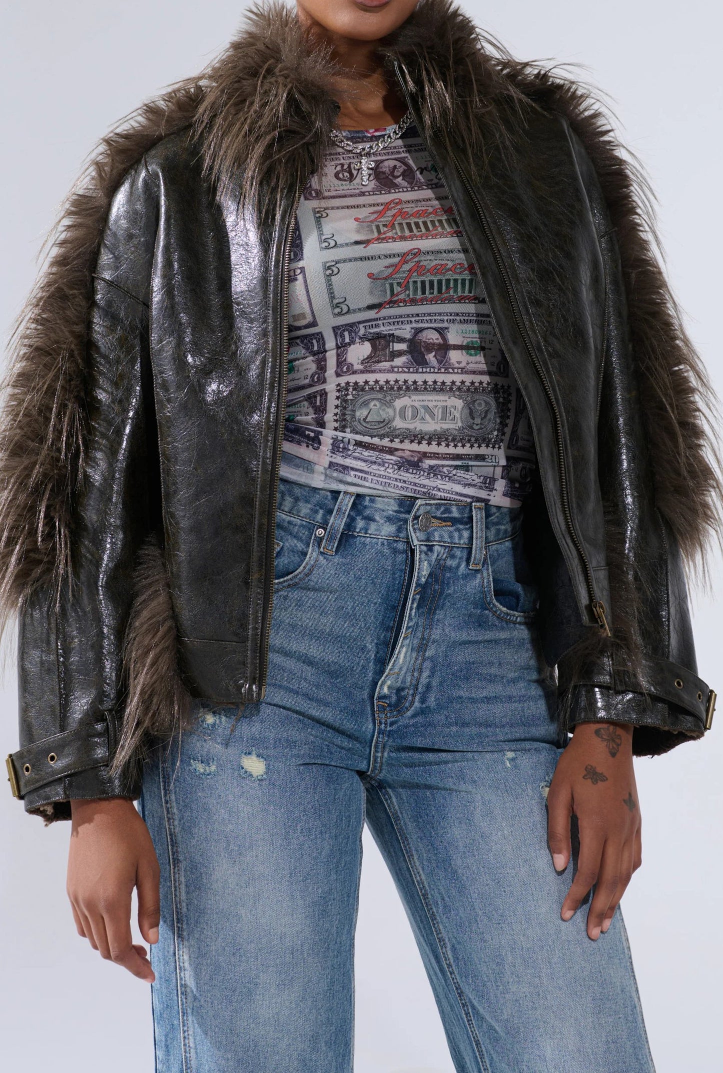 Leather Jacket With Fur Trim And Tassels（Free shipping）