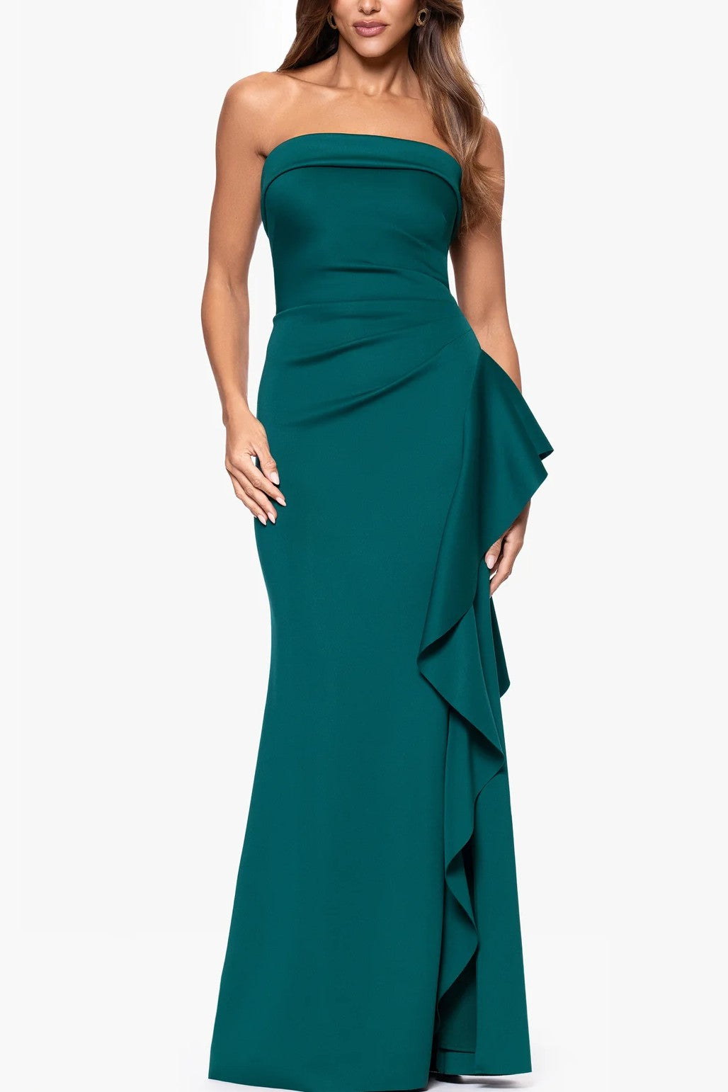 Strapless Floor-length Dress Made Of Technical Fabric With Ruffle Details.