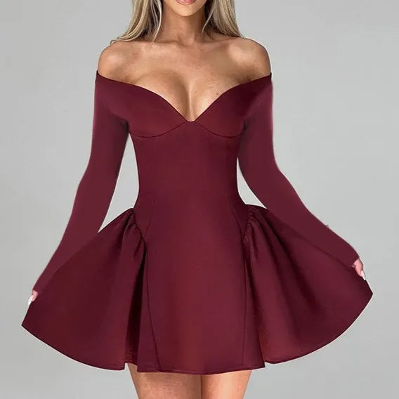 Bell-sleeved, Off-the-shoulder, Solid-colored Mini A-line Dress