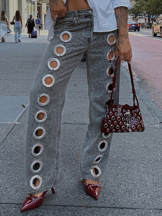 Hollowed Out Leopard Print Trousers