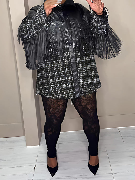 Faux Leather Trim Tweed Shacket（Free shipping）