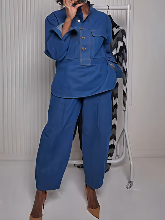 Denim Stand Collar Pockets Two Pieces Set