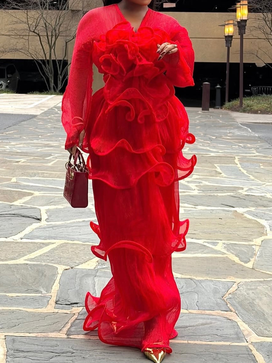 Elegant Ruffled See-through Party Maxi Dress