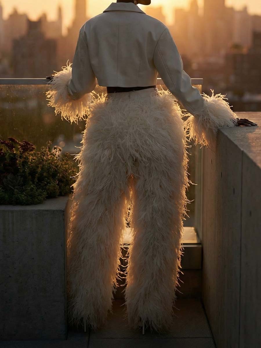 Feather Decoration Fashion Cropped Blazer & Pants（Free shipping）