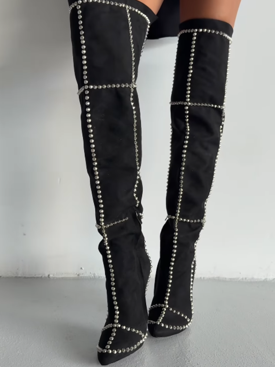 Studded Point-Top Suede Over-the-Knee Pumps（Free shipping）