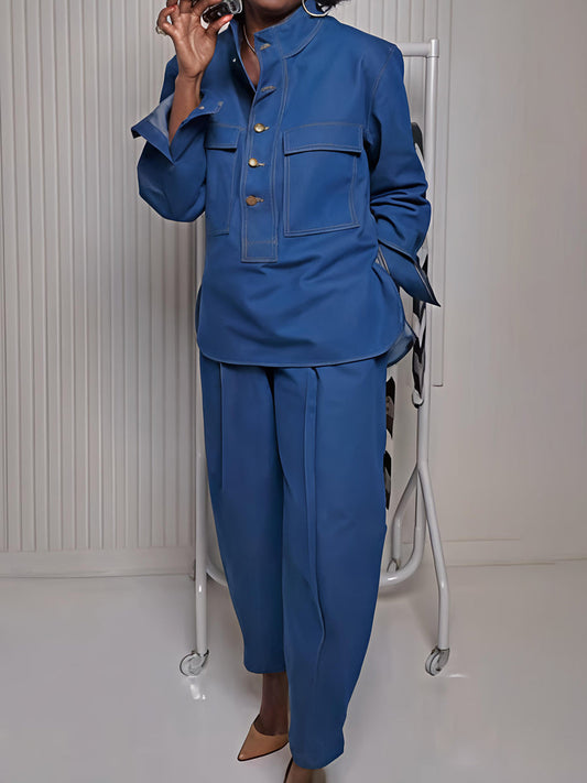 Denim Stand Collar Pockets Two Pieces Set