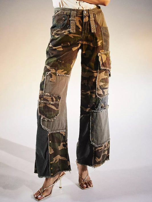 Camouflage Print Patchwork Distressed Trousers
