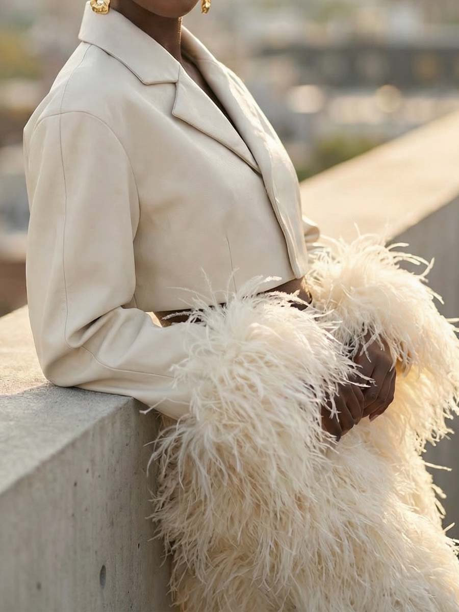 Feather Decoration Fashion Cropped Blazer & Pants（Free shipping）